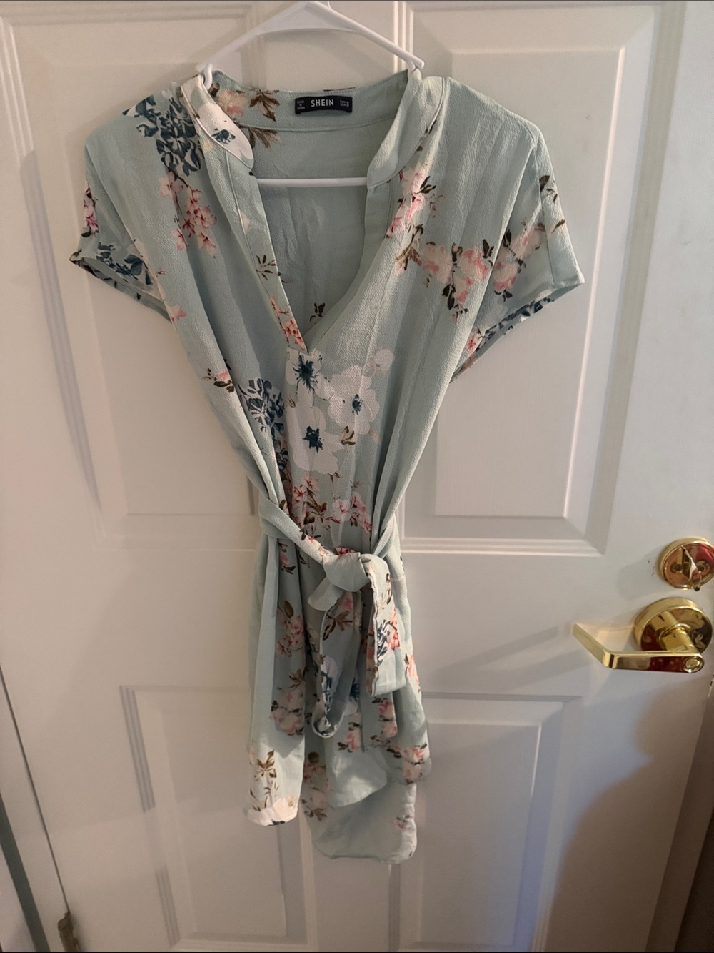 SHEIN Mint Green Floral Tie-Waist Dress
